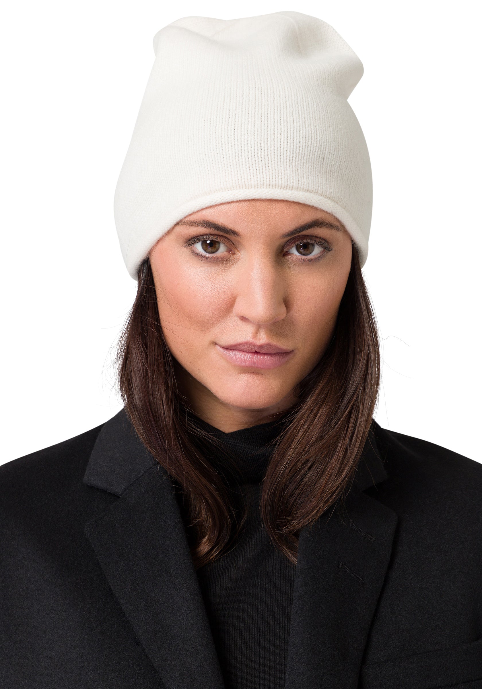 premium cashmere rolled edge women's beanie cream