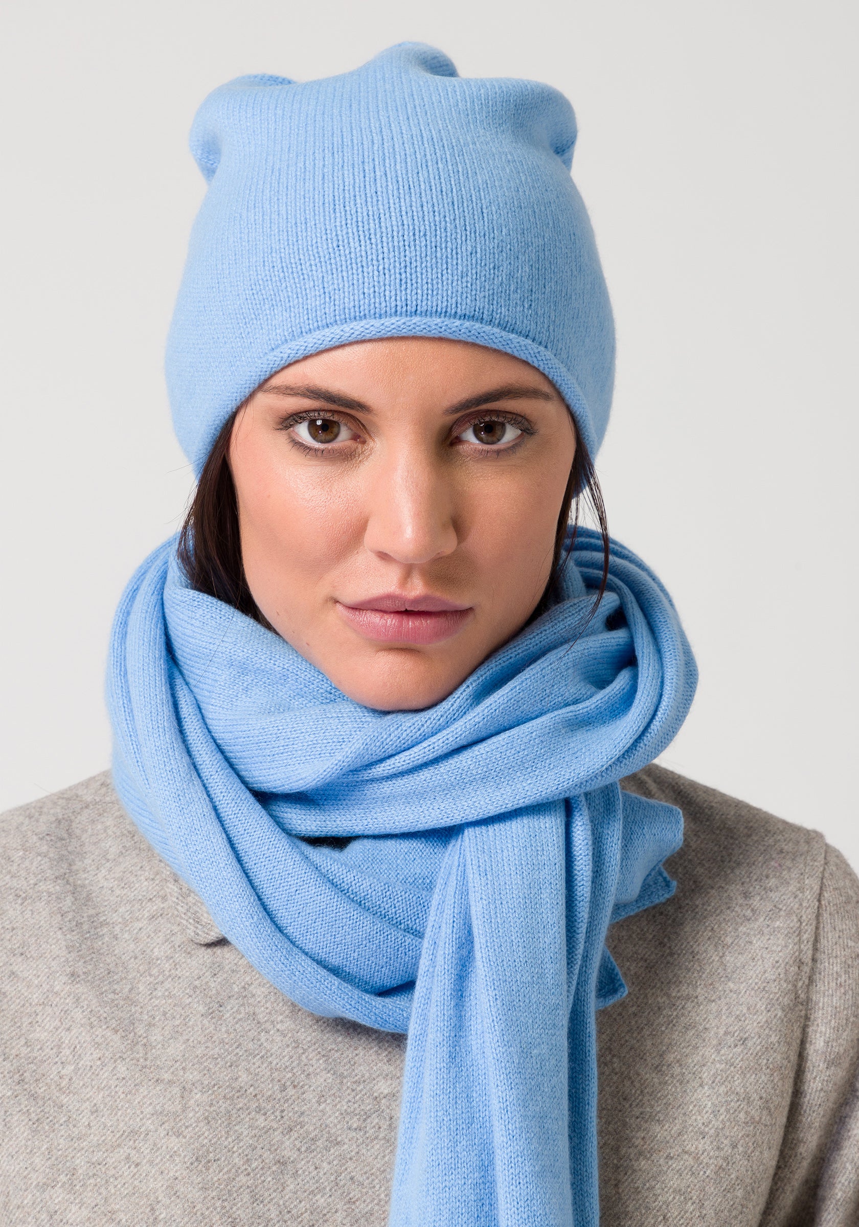 premium cashmere rolled edge women's beanie icy blue